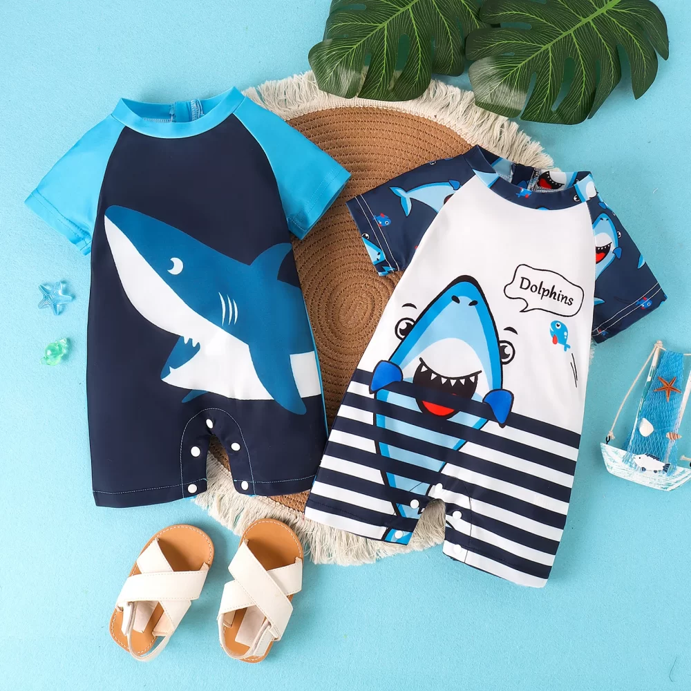 Summer 0-2 Years Old Fashion Trend Cute Baby Universal Comfortable Soft Shark Print Clear Swimsuit Jumpsuit Personality