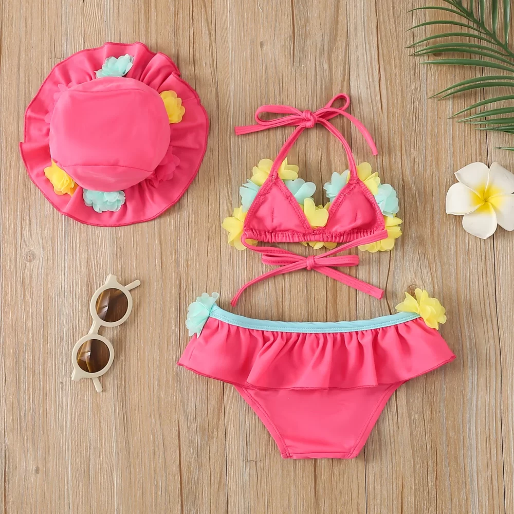 Infant Baby Girls Three-piece Bathing Suit, Flower Halter Neck Swimming Tops, Bottoms and Sun Protection Cap - Image 5