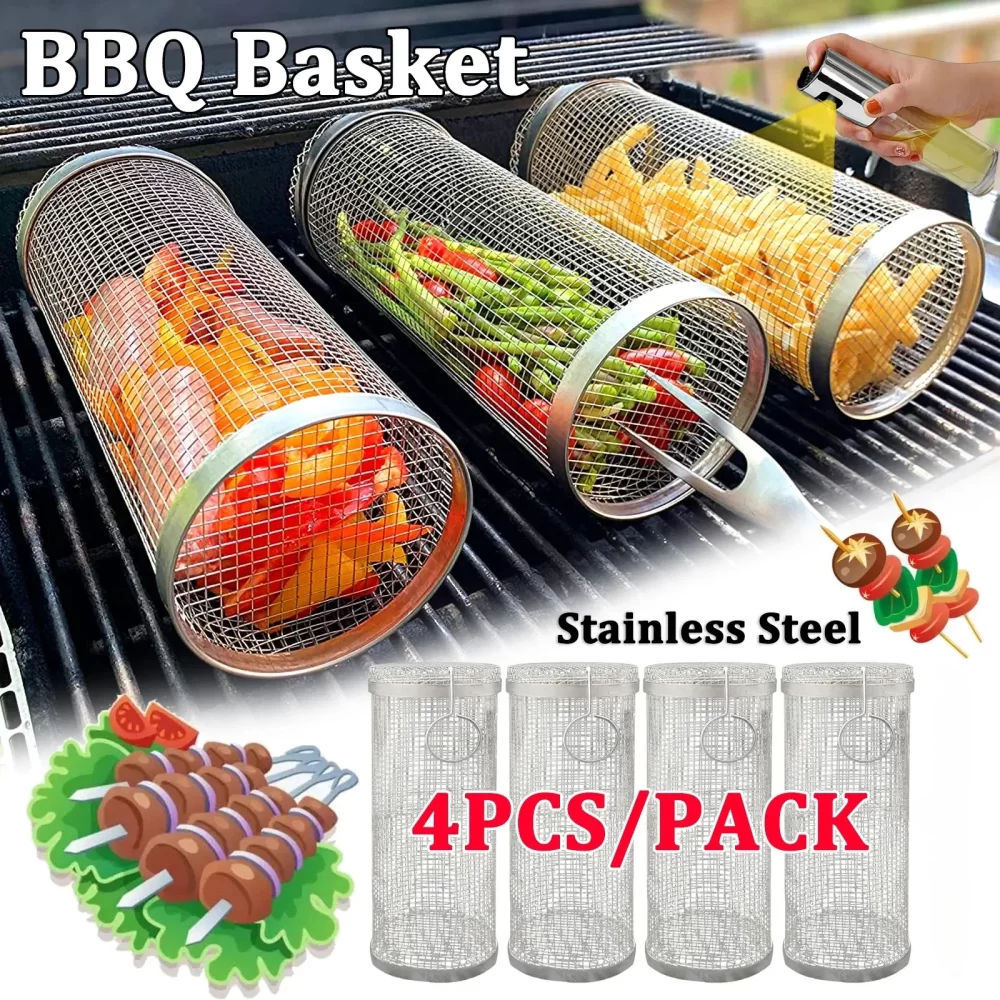 Barbecue Grill Grate Barbecue Cages Camping Picnic Cookware Outdoor Round BBQ Campfire Grill Grid Rolling Grill Basket