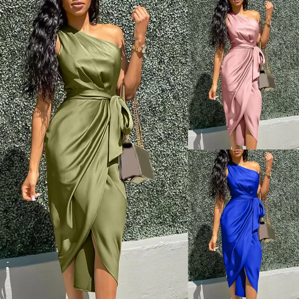 One Shoulder Ruched Design Party Dress Bodycon Dress Women'S Long Skirt New Irregular Sloping Shoulder Belt Slim Fit Satin Dress - Image 4