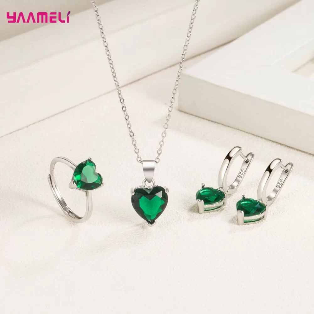 Fine 925 Sterling Silver Color Jewelry Gift Sets for Women Female Romantic Heart Zircon Huggie Earrings Pendant Necklace Ring - Image 5