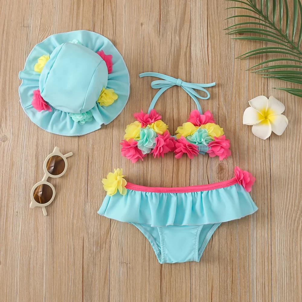 Infant Baby Girls Three-piece Bathing Suit, Flower Halter Neck Swimming Tops, Bottoms and Sun Protection Cap - Image 2