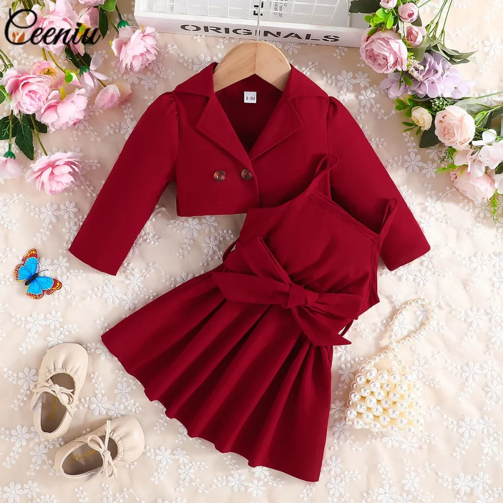 Ceeniu Fall Winter Baby Dresses and Coat Sets 2pcs Trendy Lapel Jacket+Belted Dress For Children's Clothing Girls Party Dresses - Image 2