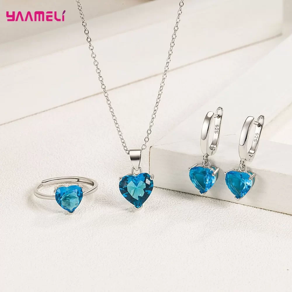 Fine 925 Sterling Silver Color Jewelry Gift Sets for Women Female Romantic Heart Zircon Huggie Earrings Pendant Necklace Ring - Image 2