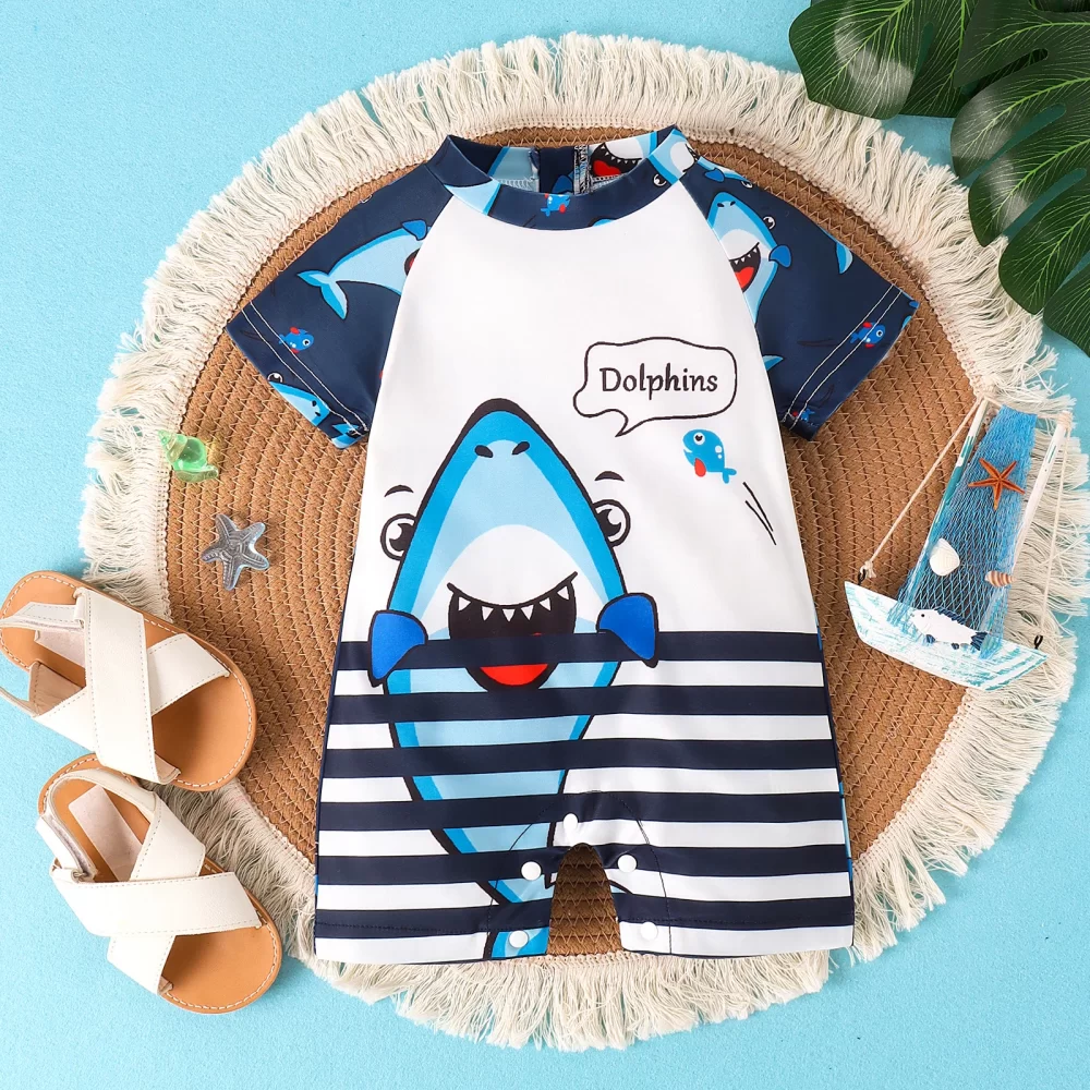 Summer 0-2 Years Old Fashion Trend Cute Baby Universal Comfortable Soft Shark Print Clear Swimsuit Jumpsuit Personality - Image 3