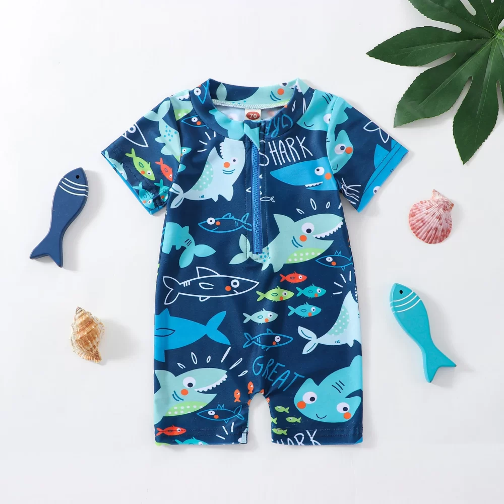 Summer Toddler Baby Boys Shark Printed Rush Guard Kids Cute Beachwear Short Sleeve Swimwear Zipper Jumpsuit Infant Swimsuit