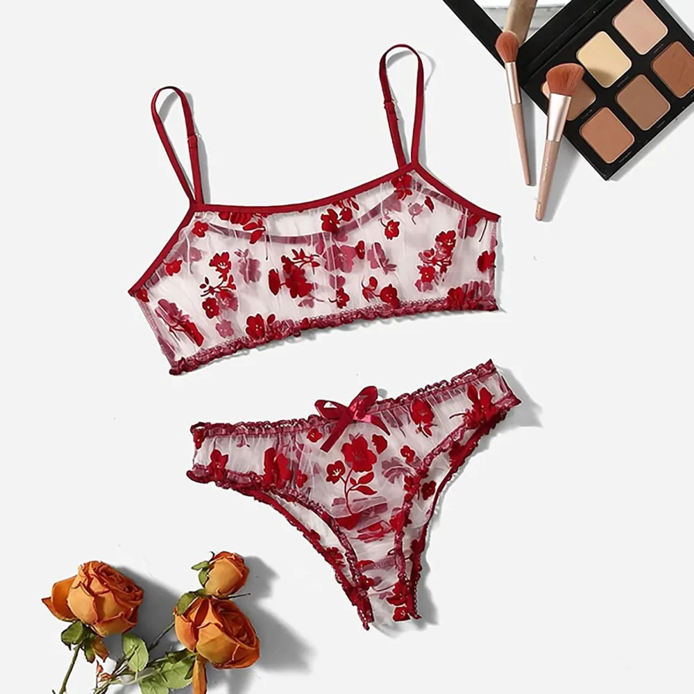 Sexy Red Sheer Lingerie Set For Women 2pcs Floral Embroidery Tube Tops Bralette Panties Temptation Brassiere And Thong Set Teddy