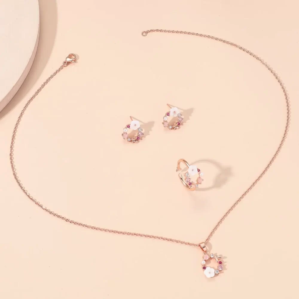 4 Pieces Rose Gold-color Lady Flower Fashion Accessories Zircon Simple Ornate Exquisite Necklace Ring Earrings Jewelry Set - Image 3