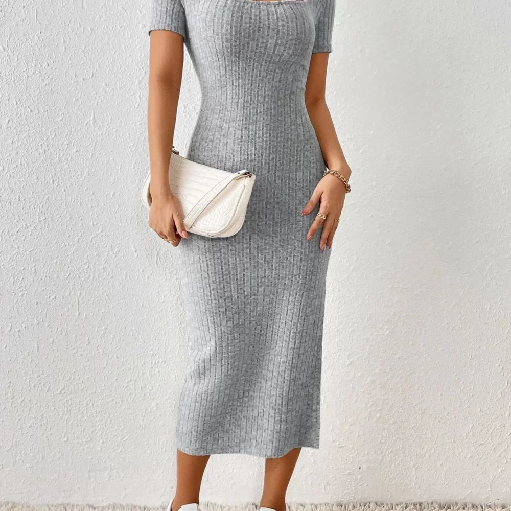 Women Spring Summer Style Knitted Dress Lady Casual Short Sleeve Square Collar Side Slit Dress Vestidos - Image 3