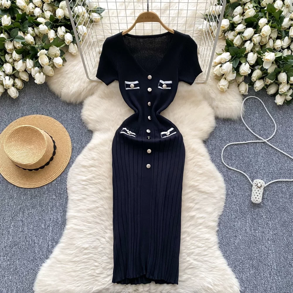 YuooMuoo Chic Fashion Sexy Wrap Hips Knitted Dress Women V-neck Short Sleeve Bodycon Pleated Sweater Dress Office Lady Vestios - Image 2