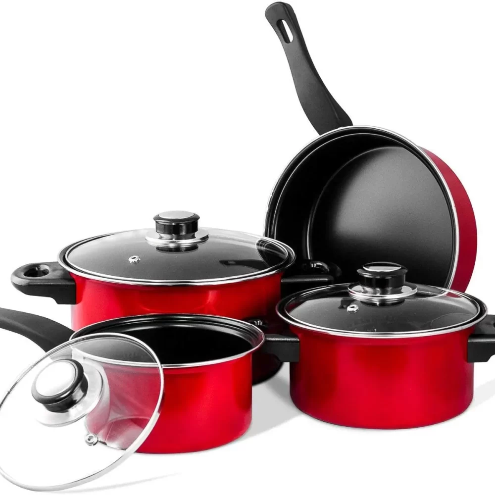 7 Pcs Carbon Steel Nonstick Cookware Set, Pots & Pans, Dishwasher Safe Cooking Set, Kitchen Essentials (Red/Black)