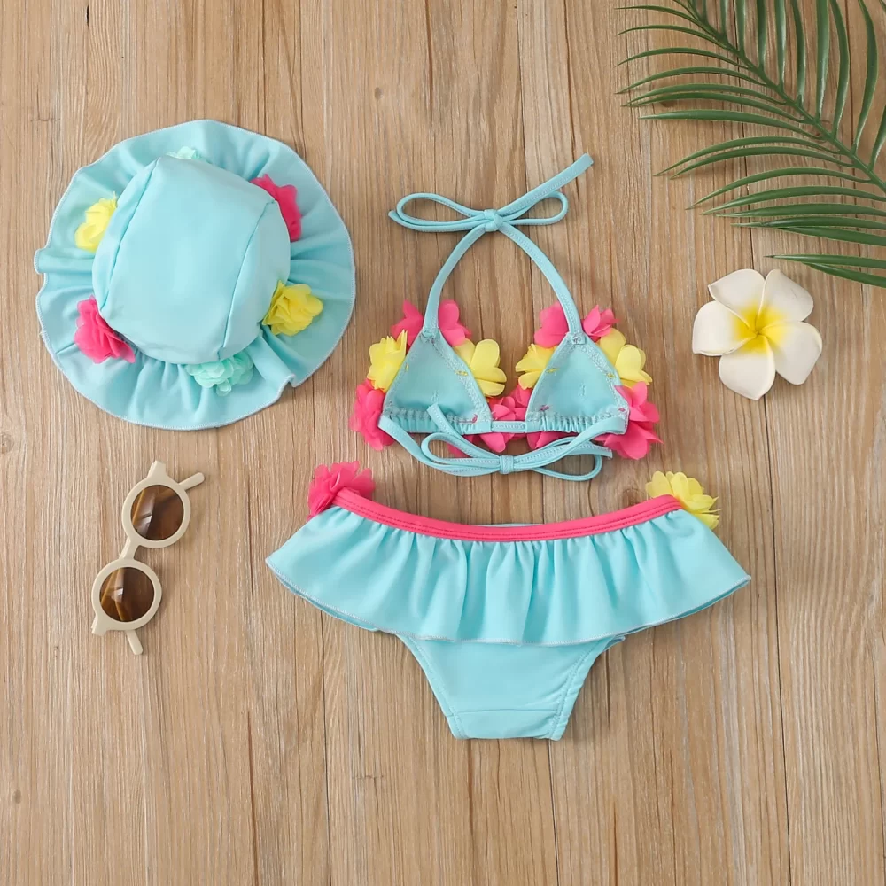 Infant Baby Girls Three-piece Bathing Suit, Flower Halter Neck Swimming Tops, Bottoms and Sun Protection Cap - Image 3