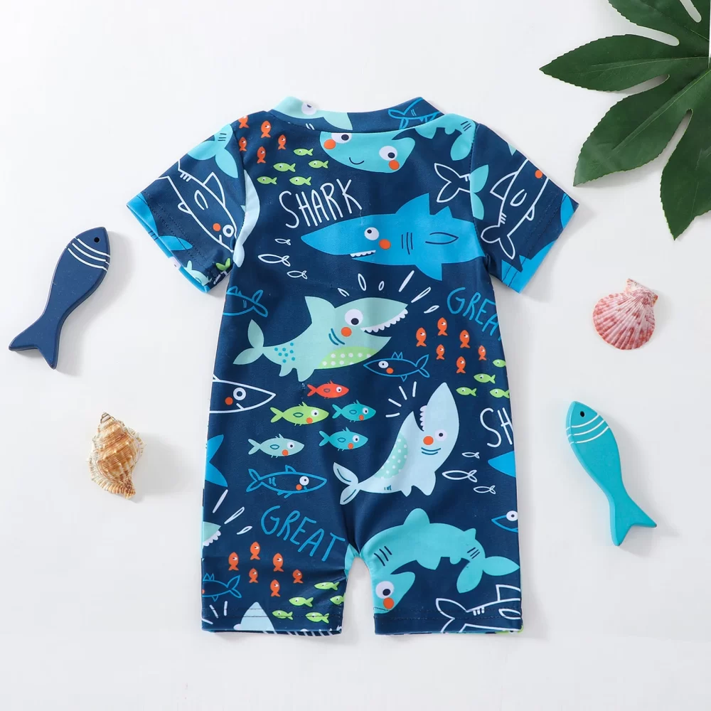 Summer Toddler Baby Boys Shark Printed Rush Guard Kids Cute Beachwear Short Sleeve Swimwear Zipper Jumpsuit Infant Swimsuit - Image 2