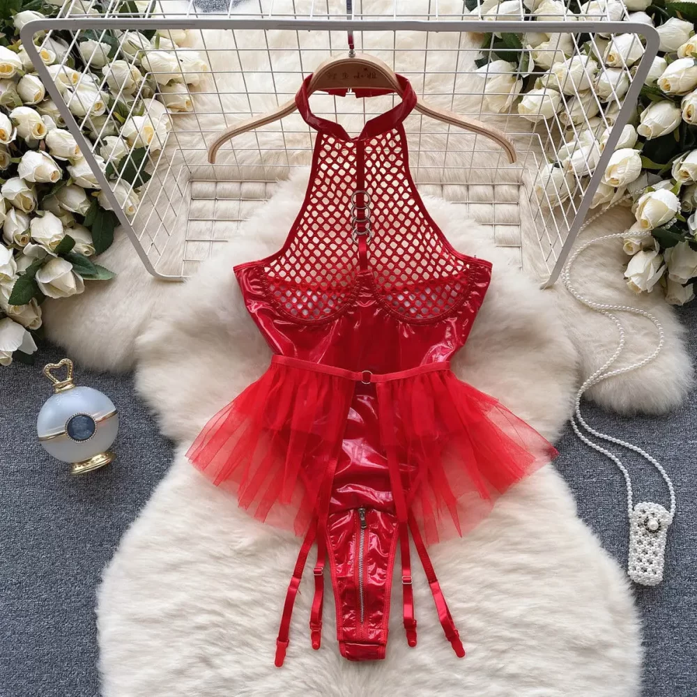 Women Sexy Halter PU Leather Patchwork Mesh Jumpsuit Bunny Girl Cosplay Uniform Lace Slim Hollow Out Bodysuit Short Skirt Pant S - Image 3