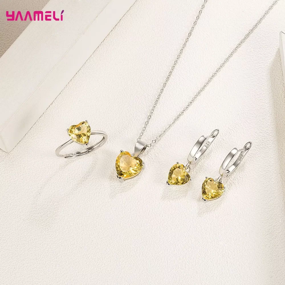 Fine 925 Sterling Silver Color Jewelry Gift Sets for Women Female Romantic Heart Zircon Huggie Earrings Pendant Necklace Ring - Image 6