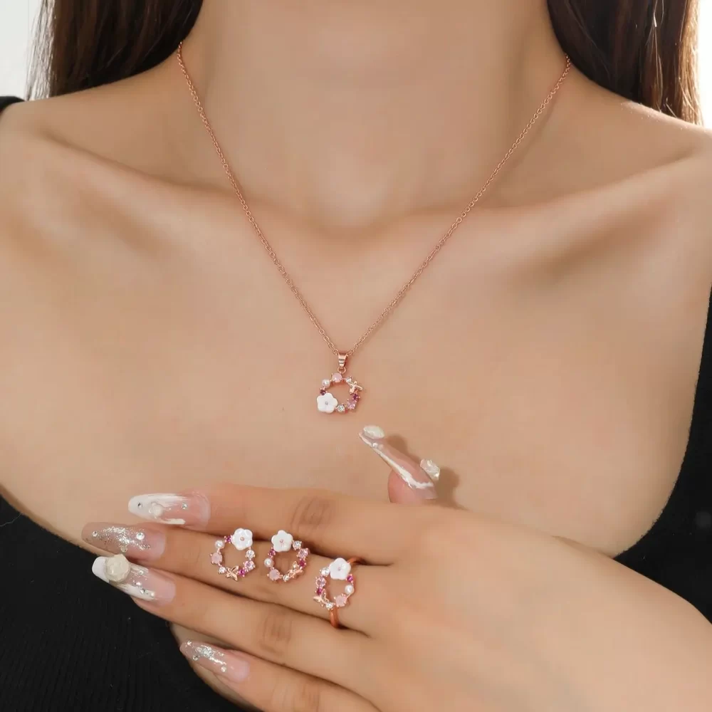 4 Pieces Rose Gold-color Lady Flower Fashion Accessories Zircon Simple Ornate Exquisite Necklace Ring Earrings Jewelry Set - Image 2