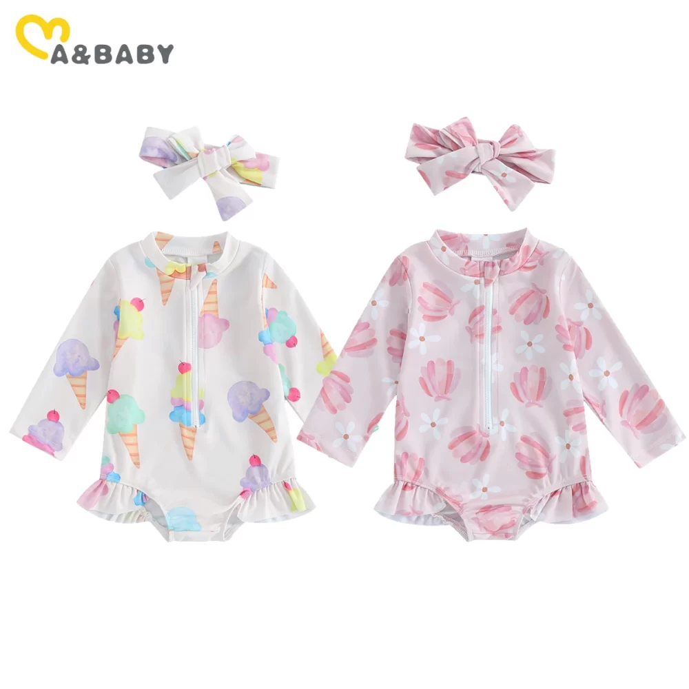 ma&baby 0-24M Newborn Infant Toddler Baby Girls Swimwear Shell Long Sleeve Swimsuit Ice Cream Print Zip Up Bathing Suit - Image 6