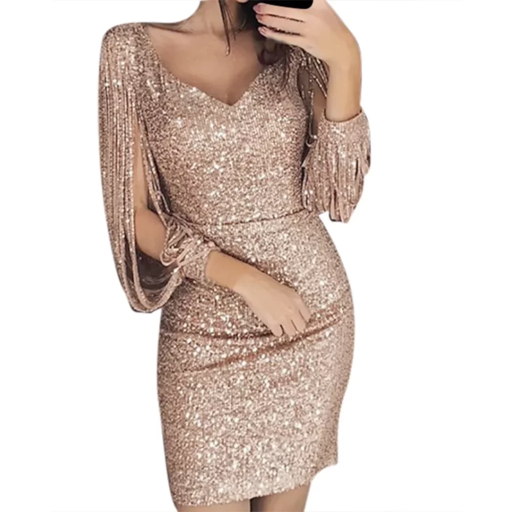 Women'S Sexy Sequin Fringe Long Sleeve Buttock Nightclub Party Dress V Neck Elegant Slim Vestido Dresses For Ladies Clubwear - Image 5