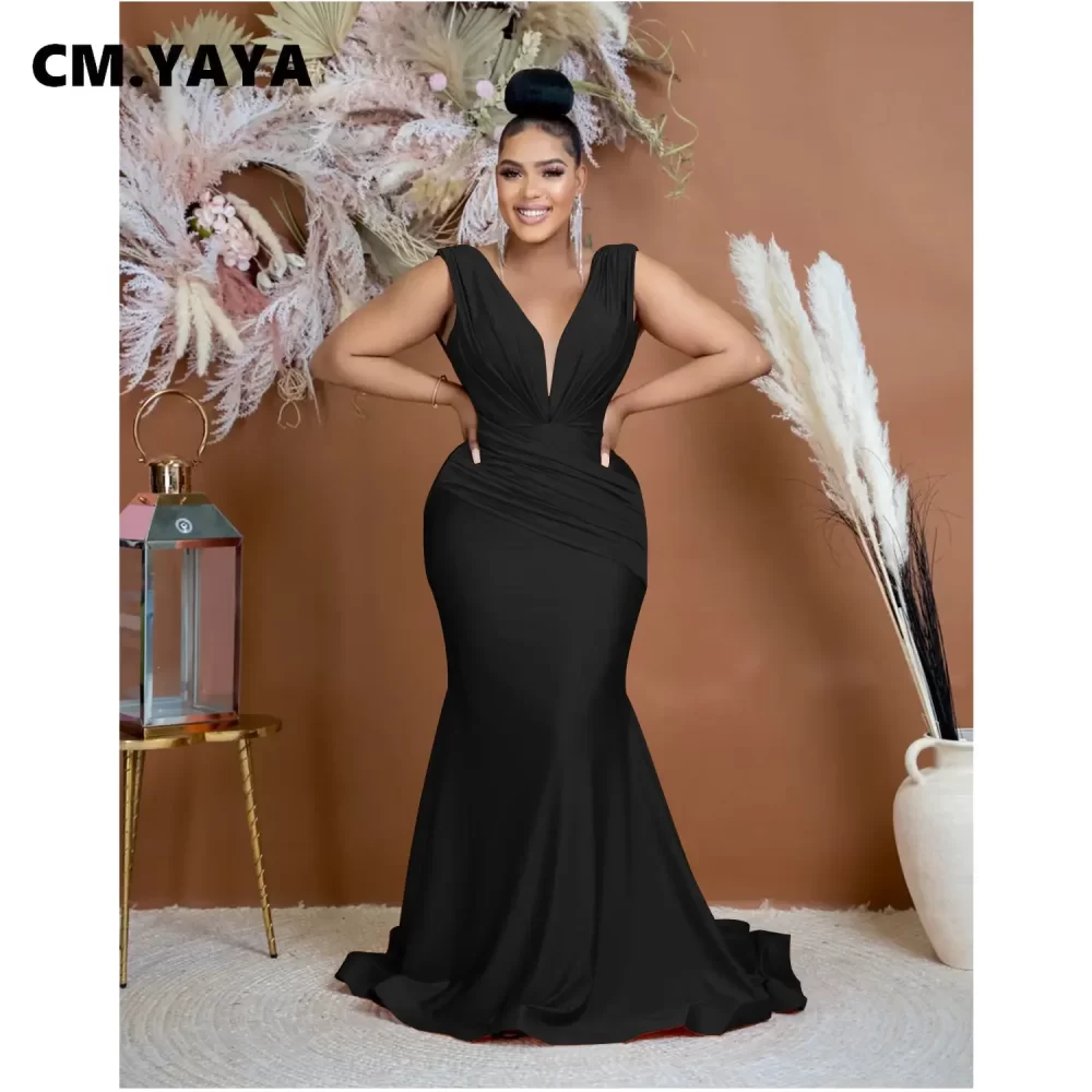 CM.YAYA Women Draped Waist Shoulder Sleeveless Deep V-neck Maxi Long Trumpet Mermaid Dress 2023 Club Sexy Party Evening Dresses - Image 2