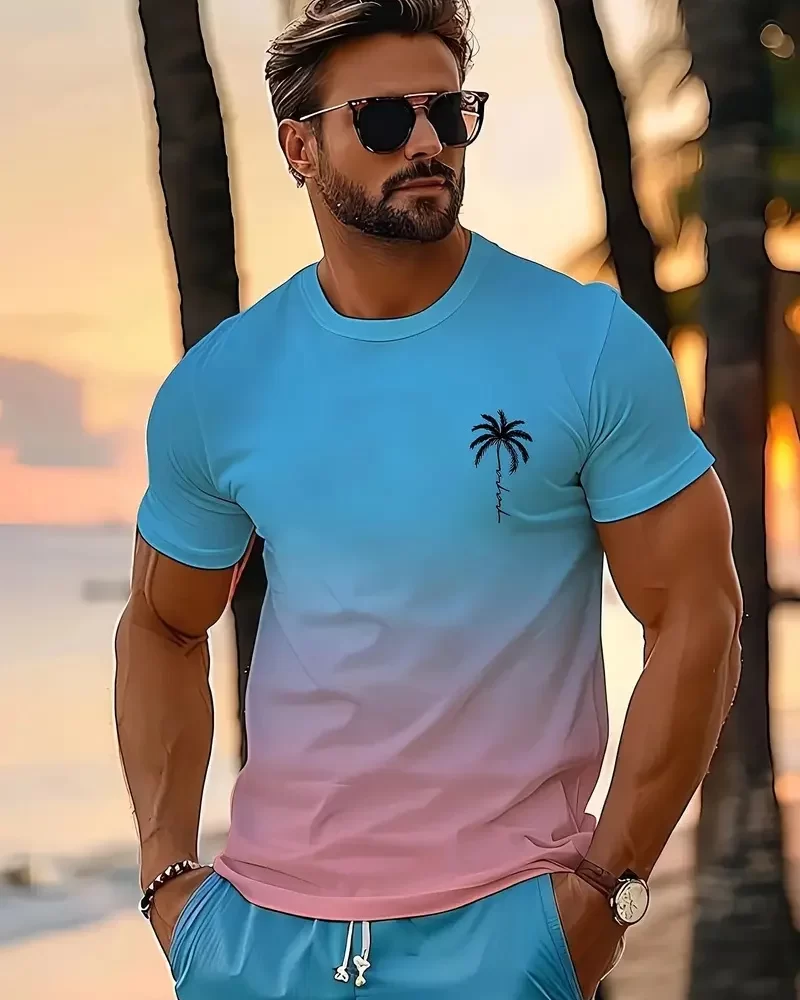 Summer fashion men's T-shirt with coconut tree print pattern casual loose street fashion fitness round neck short-sleeved top