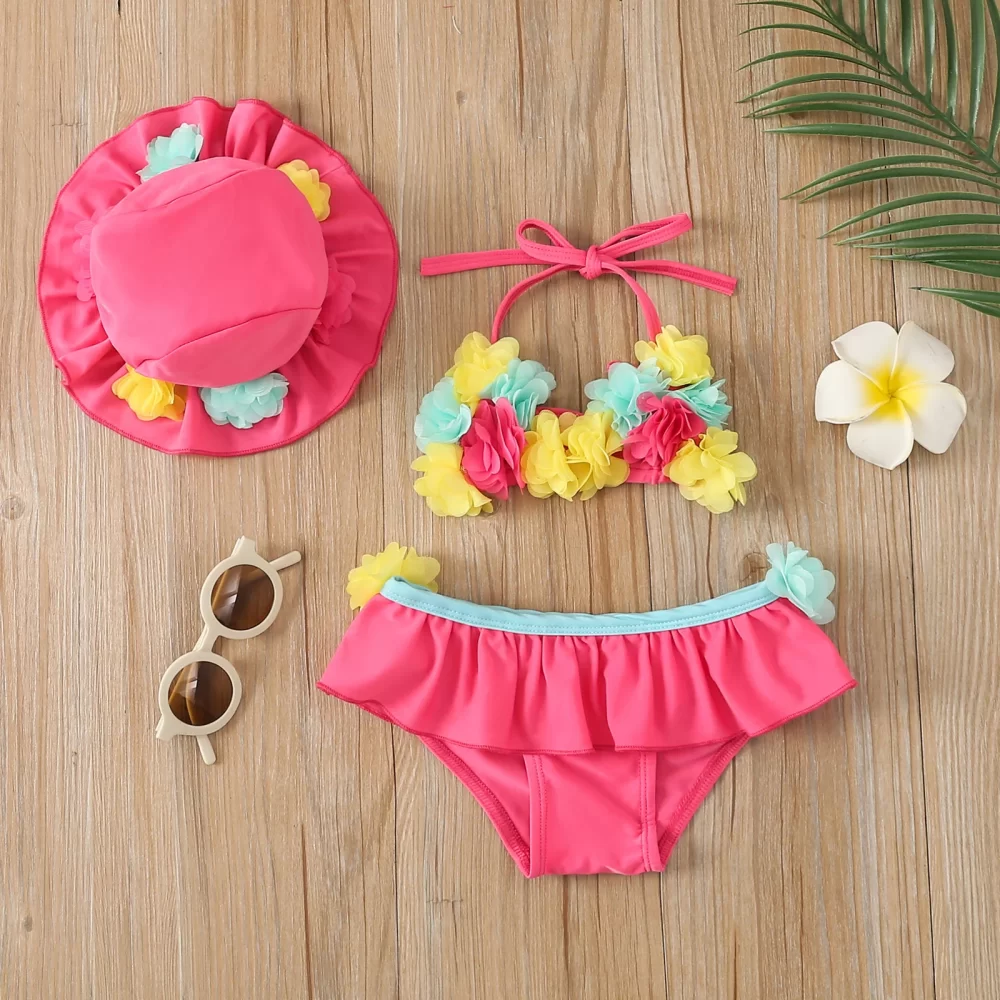 Infant Baby Girls Three-piece Bathing Suit, Flower Halter Neck Swimming Tops, Bottoms and Sun Protection Cap - Image 4