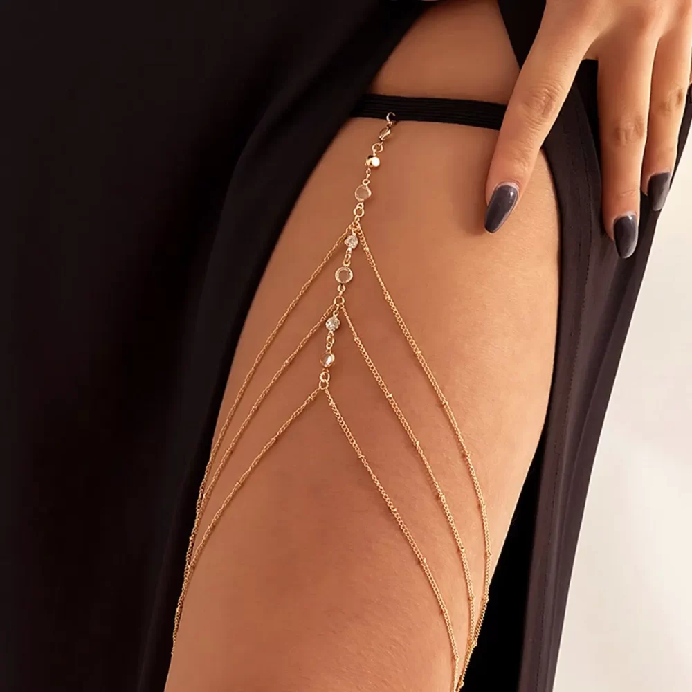 Boho Elastic Band Crystal Leg Thigh Chain for Women Summer Beach Sexy Tassel Multilayer Adjustable Body Jewelry Dress Decorate