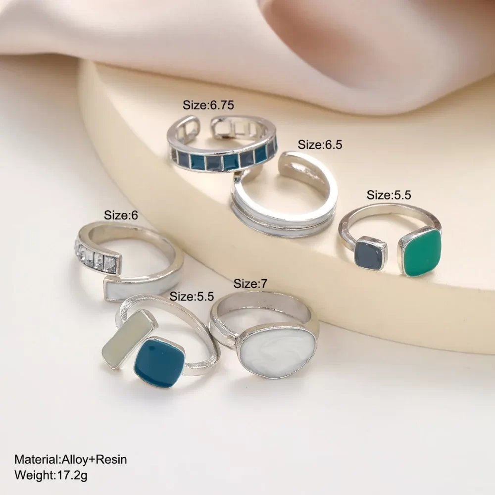 6Pcs New Fashionable Retro Emerald Moonlight Stone Joint Opening Ring Set For Women's Daily Versatile Gift Fashion Accessories - Image 5