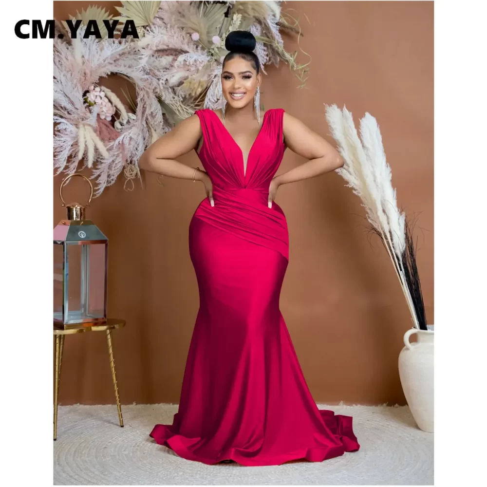 CM.YAYA Women Draped Waist Shoulder Sleeveless Deep V-neck Maxi Long Trumpet Mermaid Dress 2023 Club Sexy Party Evening Dresses - Image 6