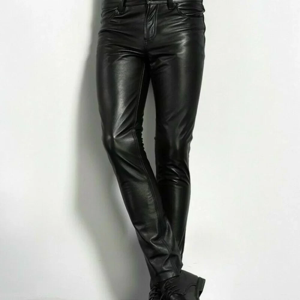 Choice PU Leather Pants Men's Fashion Rock Style Night Club Dance Pants Men's Faux Leather Slim Fit Skinny Motorcycle Trousers - Image 4