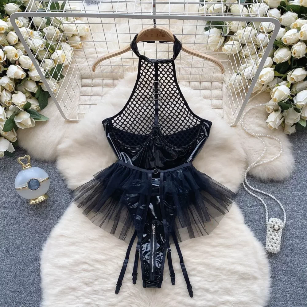 Women Sexy Halter PU Leather Patchwork Mesh Jumpsuit Bunny Girl Cosplay Uniform Lace Slim Hollow Out Bodysuit Short Skirt Pant S - Image 2