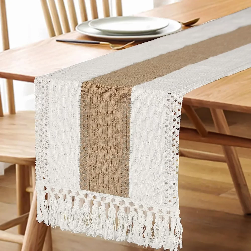 Table Runner for Summer Home Decor with Tassels 72 Inches Long Farmhouse Rustic Table Runner Cream & Brown Macrame Burlap Table - Image 5