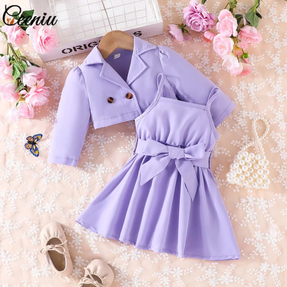 Ceeniu Fall Winter Baby Dresses and Coat Sets 2pcs Trendy Lapel Jacket+Belted Dress For Children's Clothing Girls Party Dresses - Image 6