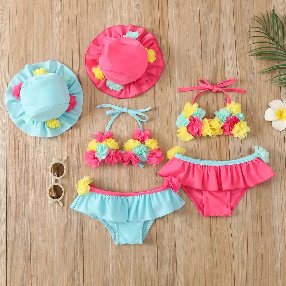 Infant Baby Girls Three-piece Bathing Suit, Flower Halter Neck Swimming Tops, Bottoms and Sun Protection Cap