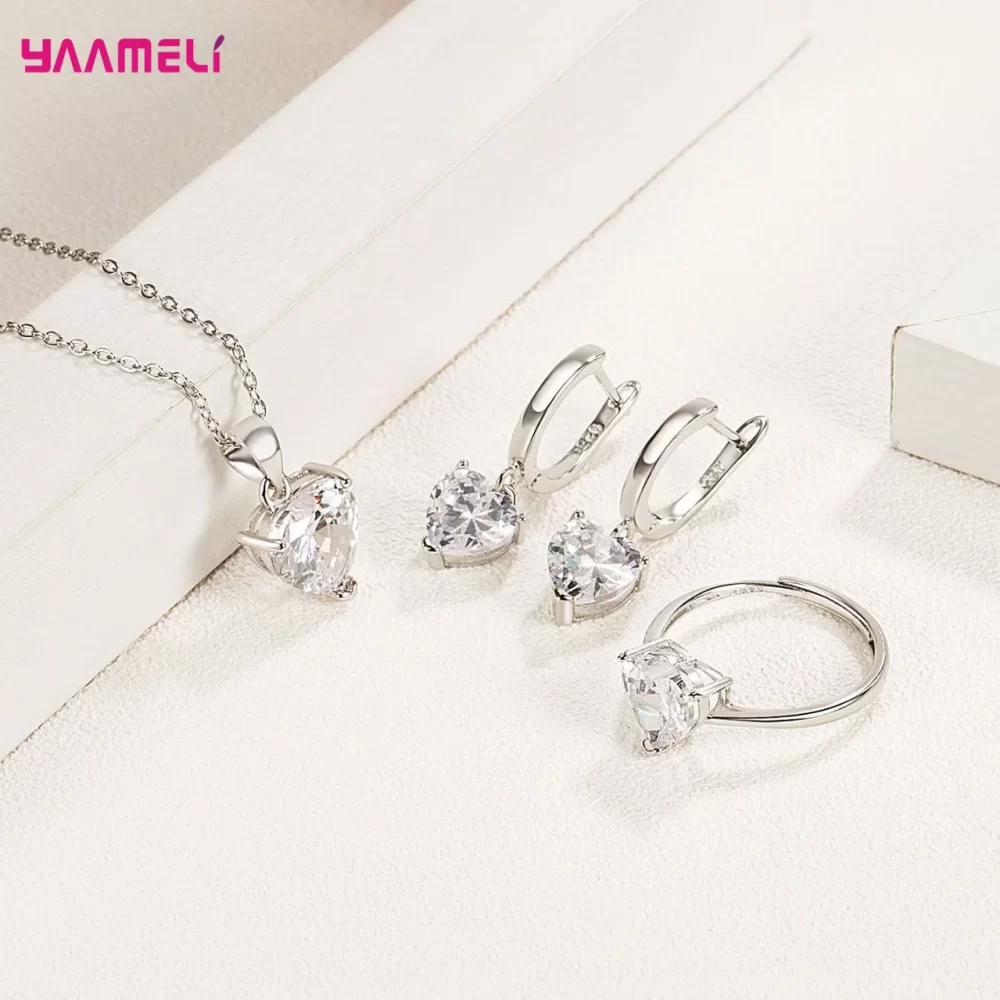 Fine 925 Sterling Silver Color Jewelry Gift Sets for Women Female Romantic Heart Zircon Huggie Earrings Pendant Necklace Ring - Image 4