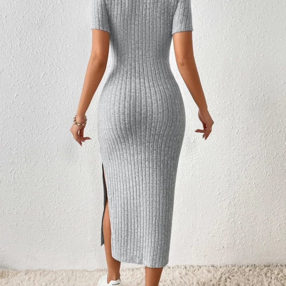 Women Spring Summer Style Knitted Dress Lady Casual Short Sleeve Square Collar Side Slit Dress Vestidos - Image 2