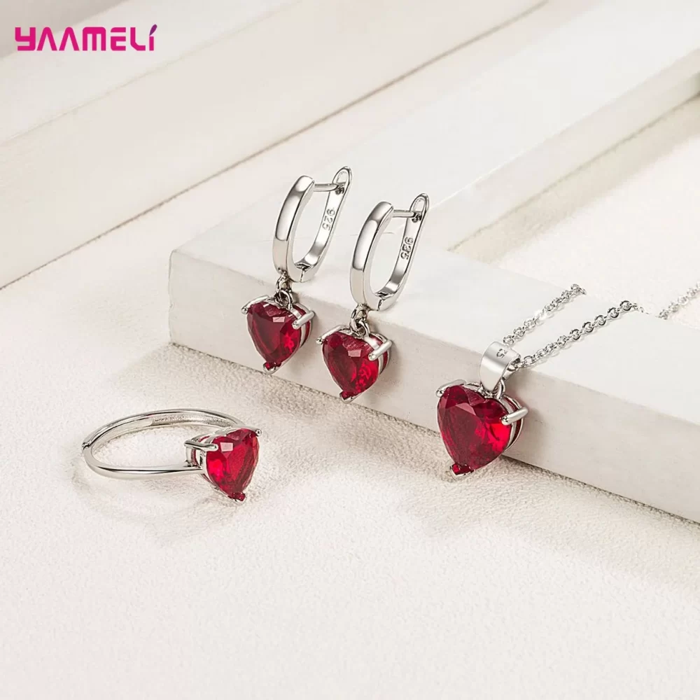 Fine 925 Sterling Silver Color Jewelry Gift Sets for Women Female Romantic Heart Zircon Huggie Earrings Pendant Necklace Ring - Image 3