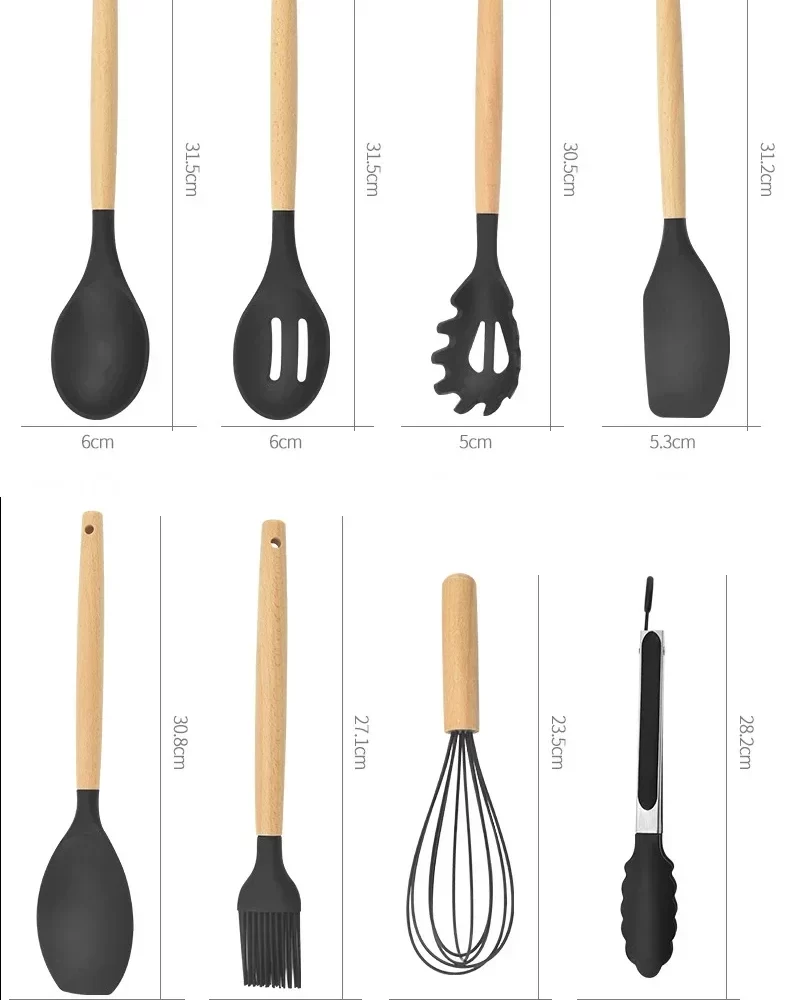 12PCS Silicone Kitchenware Non-Stick Cookware Kitchen Utensils Set Spatula Shovel Egg Beaters Wooden Handle Cooking Tool Set - Image 6