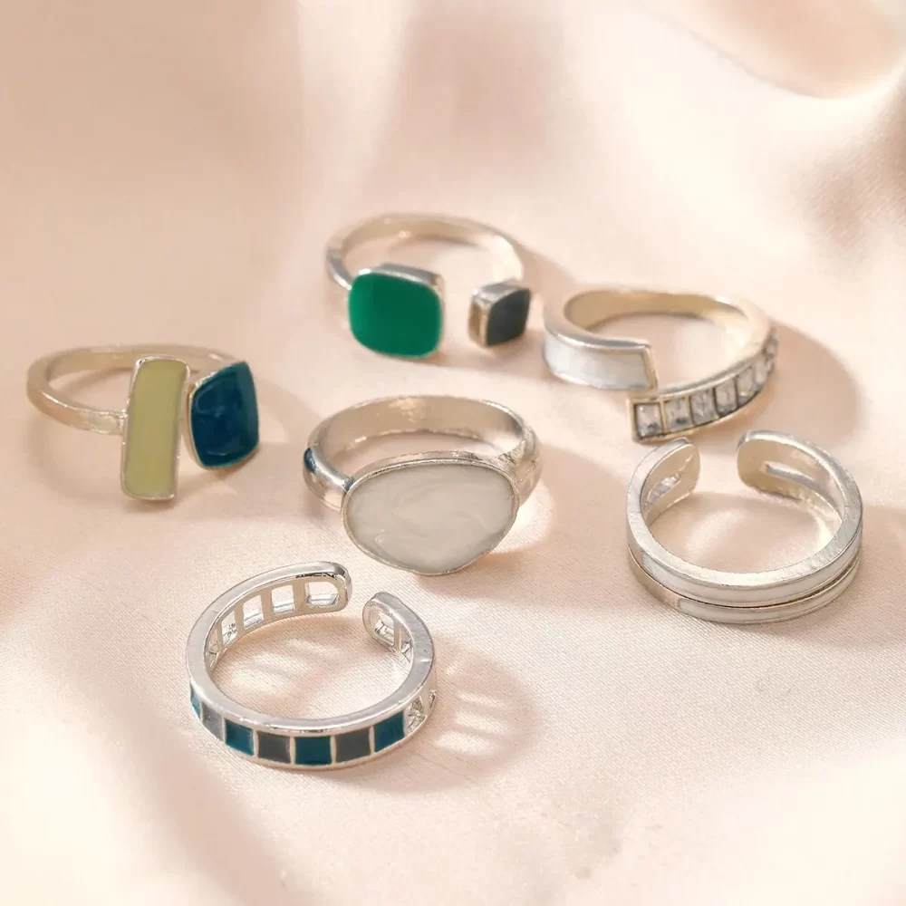 6Pcs New Fashionable Retro Emerald Moonlight Stone Joint Opening Ring Set For Women's Daily Versatile Gift Fashion Accessories - Image 2