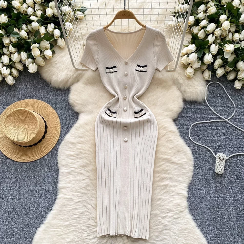 YuooMuoo Chic Fashion Sexy Wrap Hips Knitted Dress Women V-neck Short Sleeve Bodycon Pleated Sweater Dress Office Lady Vestios - Image 4