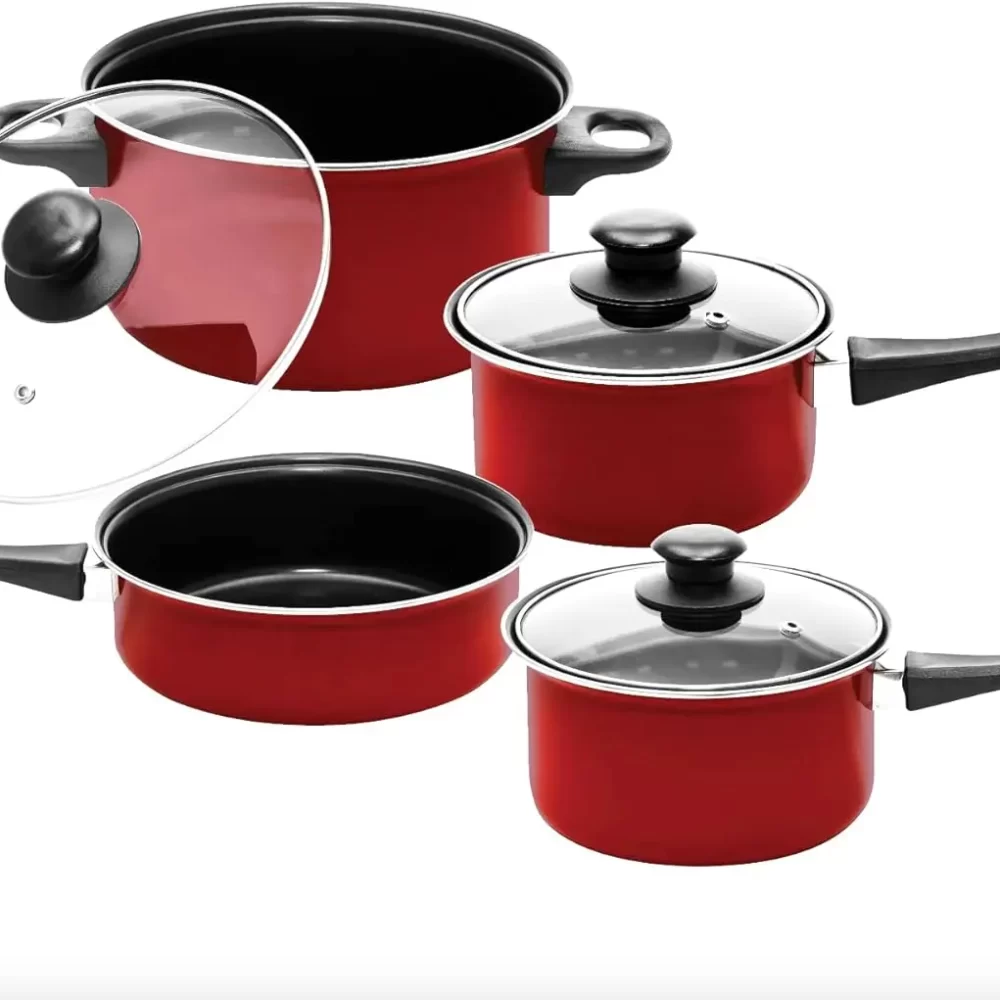 7 Pcs Carbon Steel Nonstick Cookware Set, Pots & Pans, Dishwasher Safe Cooking Set, Kitchen Essentials (Red/Black) - Image 3