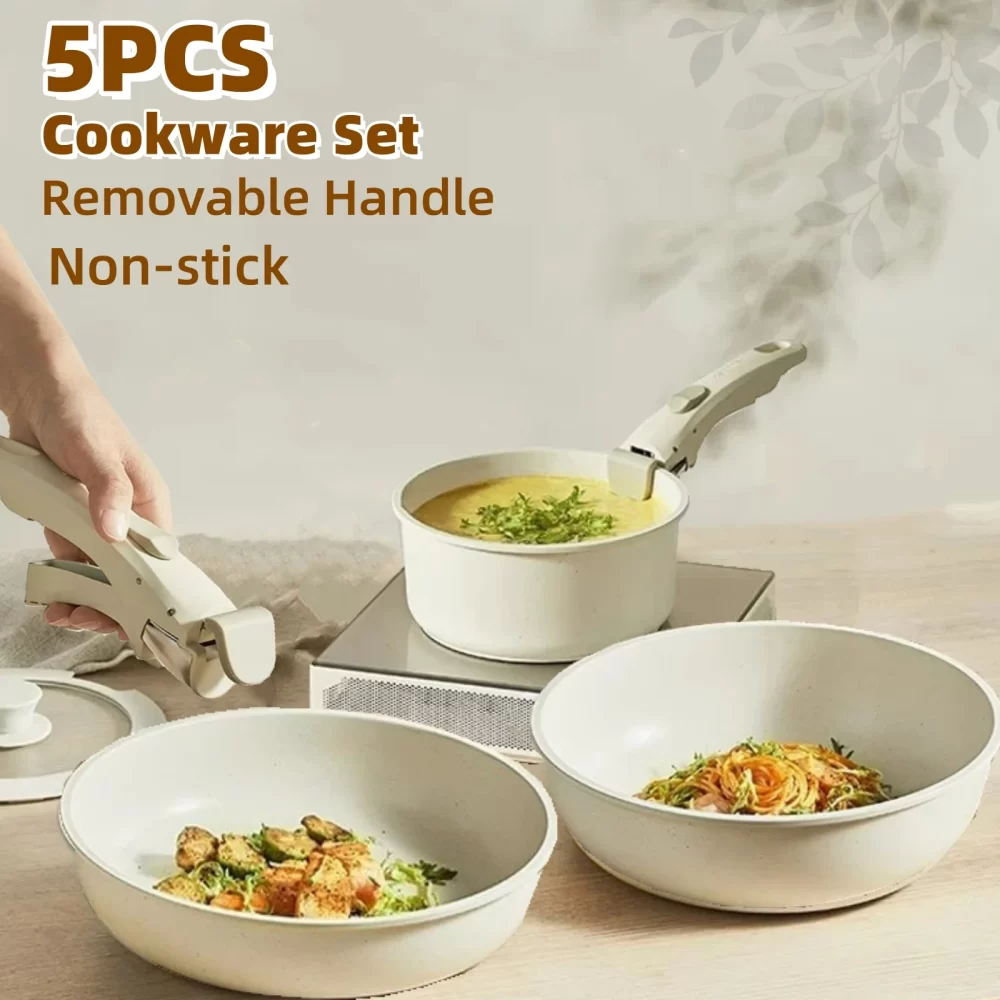 5PCS Non-stick Granite Pots Pans Set With Removable Handle Outdoor Kitchen Cookware Set Induction RV Camping Cooker Kit With Lid - Image 2