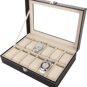 12-Slot Leather Watch Display Box and Jewelry Organizer