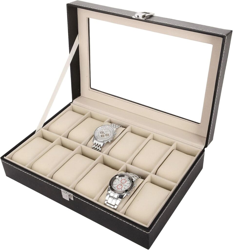 12-Slot Leather Watch Display Box and Jewelry Organizer